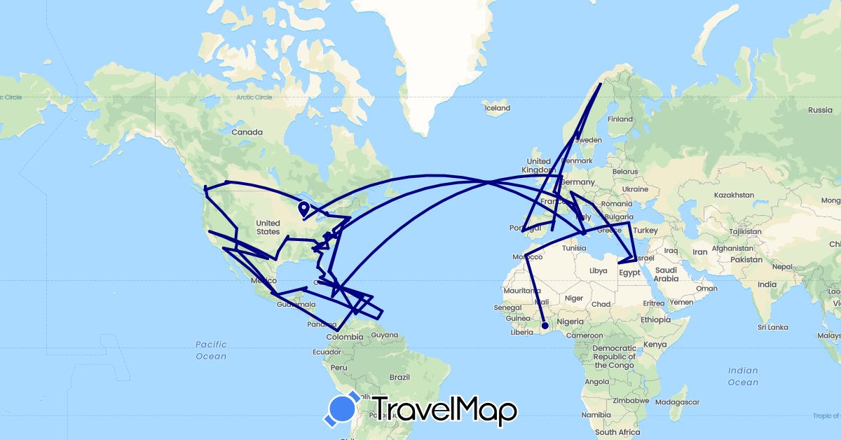 TravelMap itinerary: driving in Barbados, Bahamas, Canada, Colombia, Cuba, Germany, Egypt, Spain, France, Ghana, Croatia, Italy, Jamaica, Morocco, Mexico, Netherlands, Norway, Portugal, Sweden, Turkey, Trinidad and Tobago, United States, Vatican City (Africa, Asia, Europe, North America, South America)